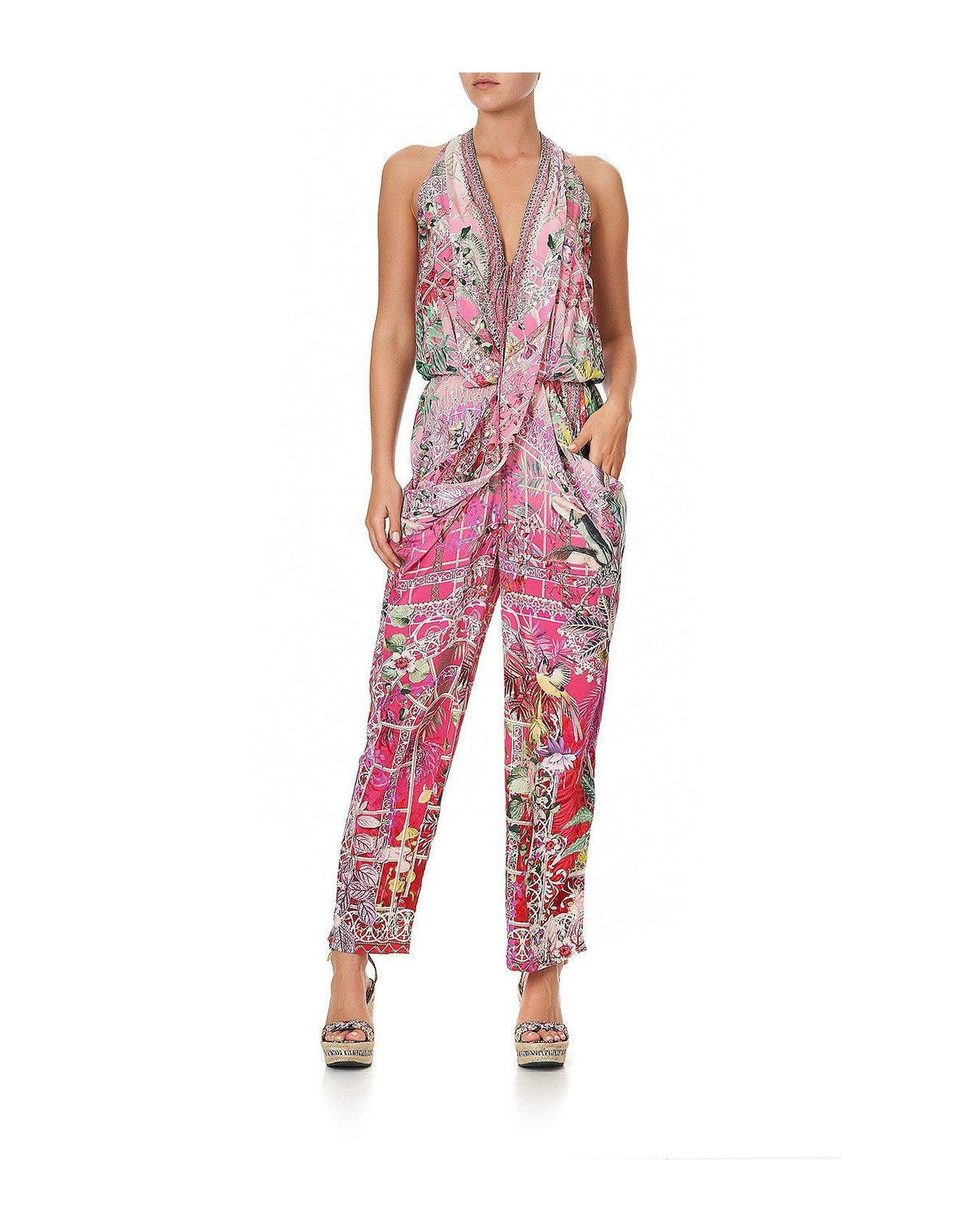 Draped Front Bodice Jumpsuit w/ Neck Tie