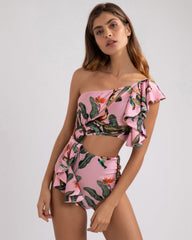 Tropical Print One Shoulder Swimsuit